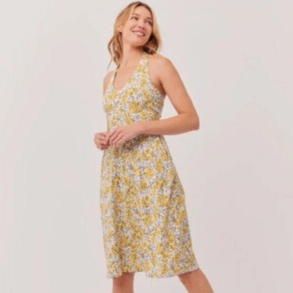 Pact Women's Reverie Floral Yellow Fit & Flare Halter Dress L - Picture 1 of 4